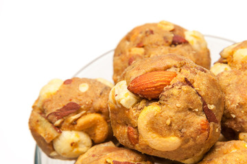 Indian homemade sweet dry fruits laddoo in glass bowl