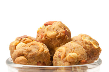 Indian homemade sweet dry fruits laddoo in glass bowl