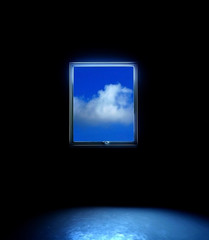 Dark room with open window and cloud outside