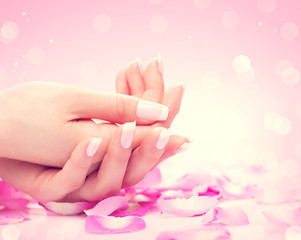 Obraz na płótnie Canvas Hands spa. Manicured female hands, soft skin, beautiful nails