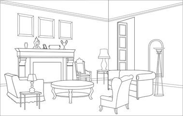 Drawing-room. Editable vector illustration of an outline sketch of a interior. Graphical hand drawing interior. 