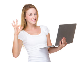 Woman use of laptop and ok sign
