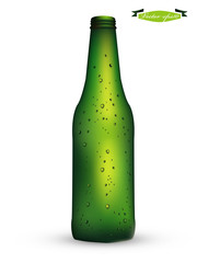 beautiful realistic green bottle of beer with condensed water drop 