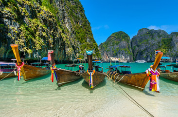 Long-tail boats in Maya Bay, Thailand