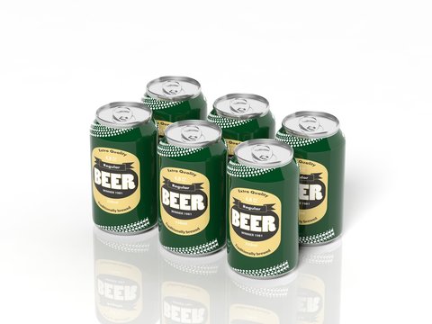 3D six pack collection of beer cans isolated on white