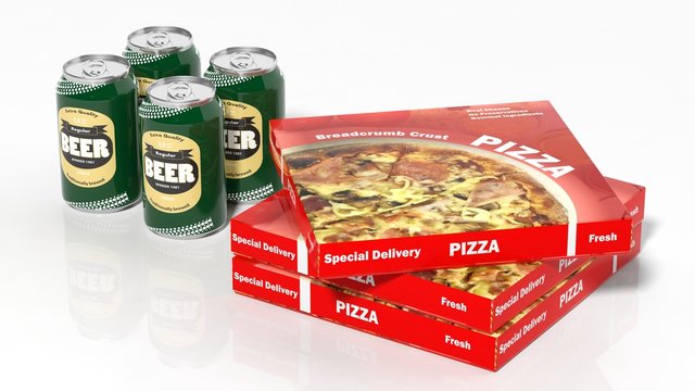 3D beer cans and pizza boxes isolated on white