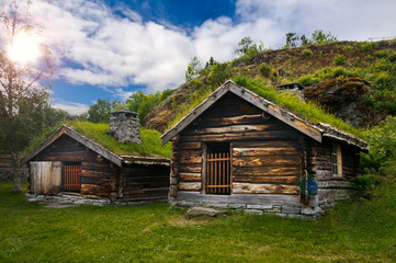 Fototapeta na wymiar Beautiful view on ancient scandinavian village and countryside