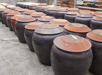 Fototapeta premium Jar with soy sauce waiting for maturing in Taiwan