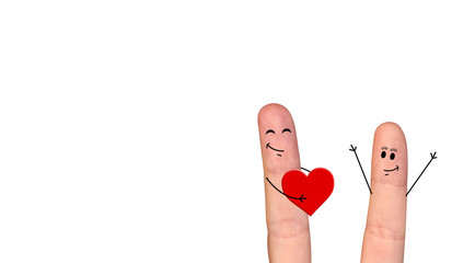 Happy finger couple in love celebrating Valentine’s day