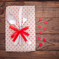 Valentines dinner on wooden background