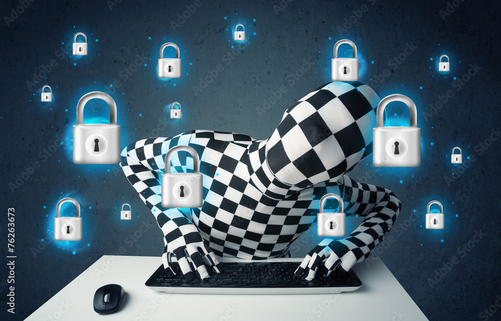 Poster hacker in disguise with virtual lock symbols and icons