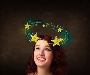 girl with yellow stars circleing around her head illustration