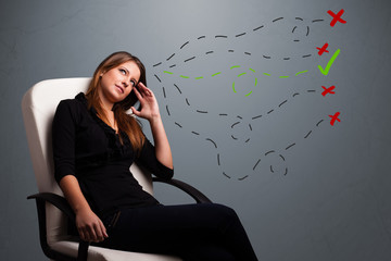 Young woman choosing between right and wrong signs
