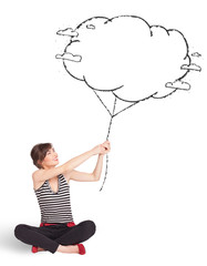 Young lady holding cloud balloon drawing