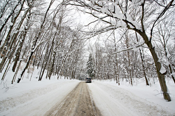 Car on a Snow Covered Rural Road