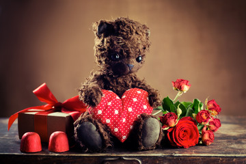 Teddy Bear Holding a Heart  and  gift box