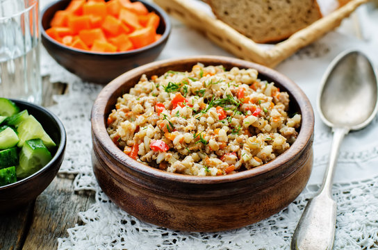 barley porridge with meat and vegetables