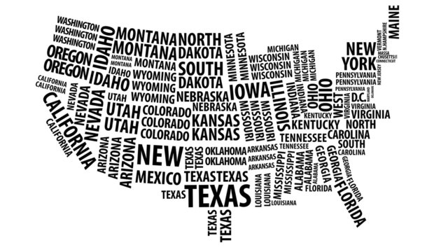 Word cloud of the United States map with alpha channel in 4k