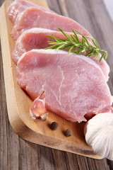 Raw pork chops on wooden cutting board.
