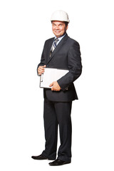 Mature smiling architect in hardhat isolated on white background