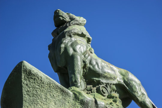 Lion, classical bronze sculptures, Lake in Retiro park, Madrid S