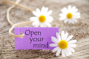 Purple Label With Quote Open Your Mind Marguerite Blossoms