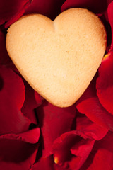 Obraz na płótnie Canvas Heart shape cookie in rose petals