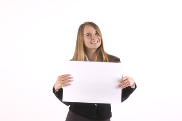 Fototapeta premium Woman holding blank paper sheet