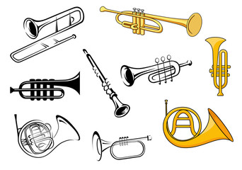 Wind instruments in sketch and cartoon style