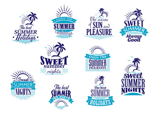 Summer holidays and vacation emblems in blue colors