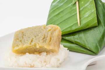 Thai dessert, Sticky rice with steamed custard, wrapped in banan