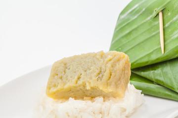 Thai dessert, Sticky rice with steamed custard, wrapped in banan