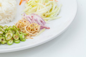 Nasi kerabu or kao yum, Southen Thai-Style rice with herbs and v