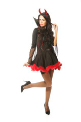 Full length devil woman standing with bended knee