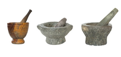 stone and wooden mortar and pestle isolated on white background