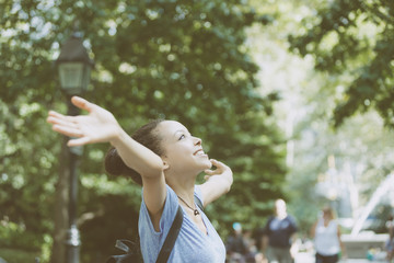 Beautiful Mixed-Race Young Woman at Park, Sense of Freedom