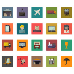 Warehouse transportation and delivery icons flat set