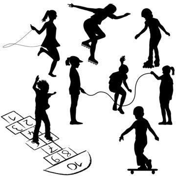 Active kids. Children on roller skates, jumping rope or playing