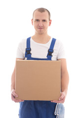 delivery concept - happy man in workwear with cardboard box isol