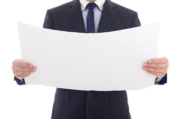 blank paper with copy space in business man hands isolated on wh