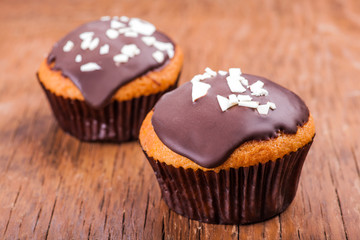 two cupcakes in chocolate icing