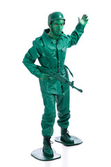 Man on a green toy soldier costume