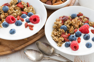 homemade muesli with fresh berries, nuts and yogurt