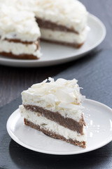 piece of chocolate cake with coconut cream, vertical