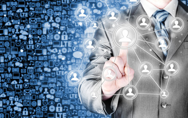 man hand pressing social media icon