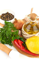 Fresh cooking ingredients with olive oil