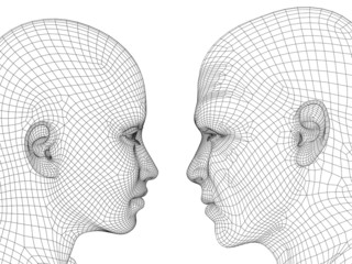 Conceptual wireframe mesh man woman face