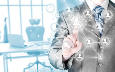 man hand pressing social media icon