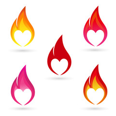 Icons of fire with heart silhouette
