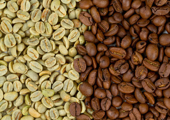 green and roasted coffee beans